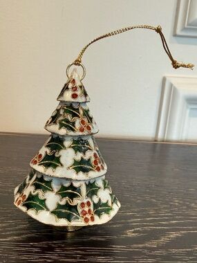 Vintage Cloisonné White Green Christmas Tree Ornament